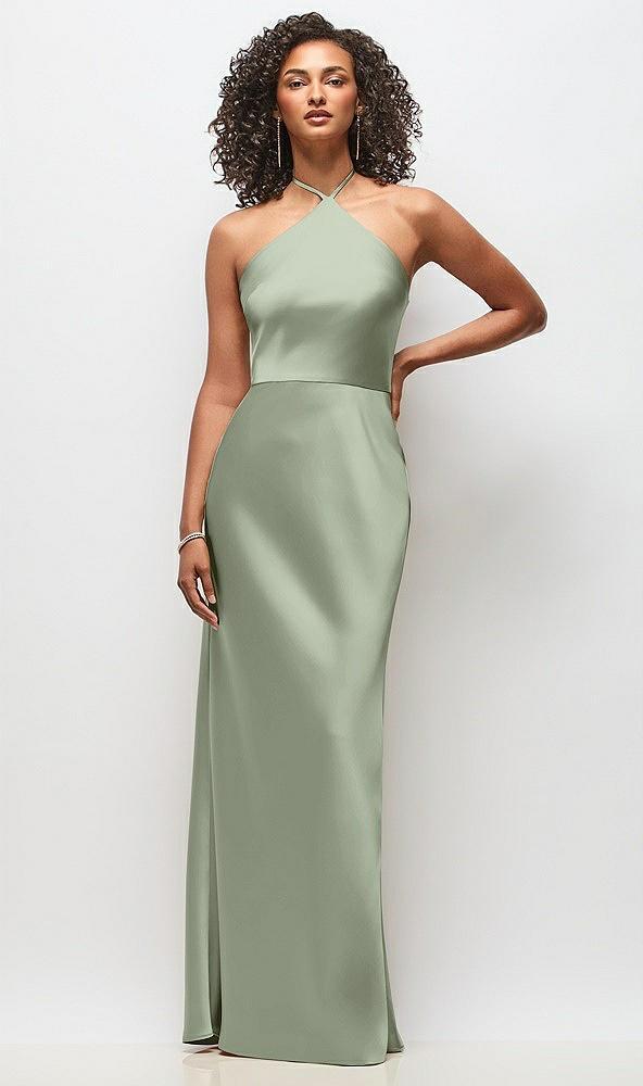 high-neck halter stretch satin maxi dress with bias a-line skirt