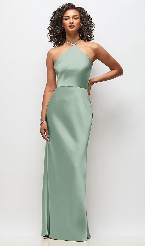 high-neck halter stretch satin maxi dress with bias a-line skirt