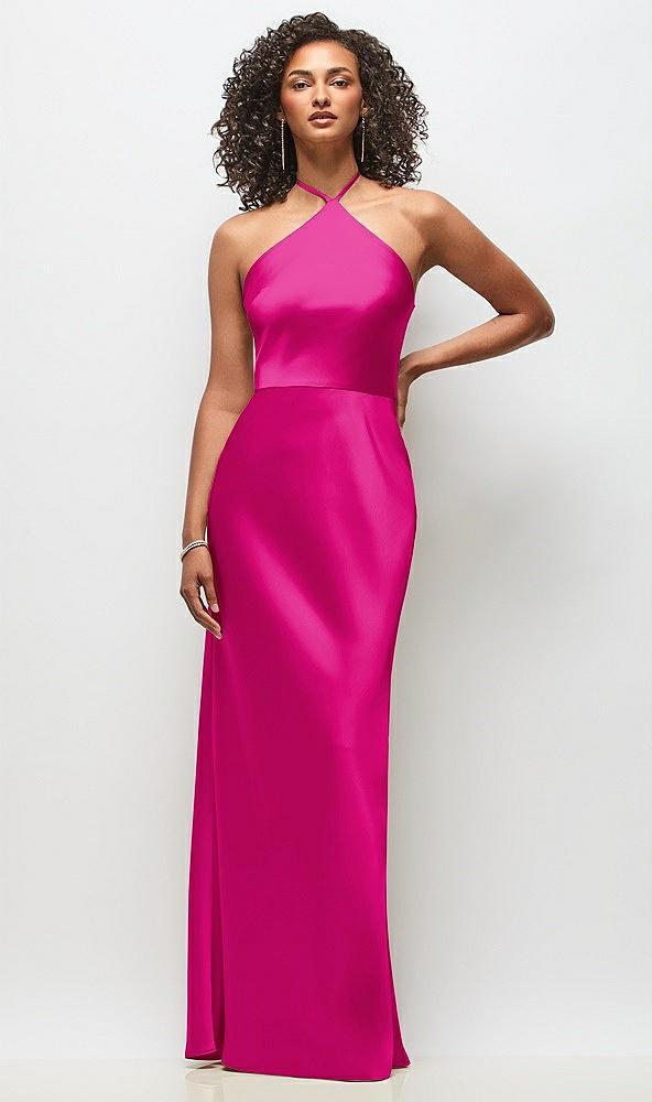 high-neck halter stretch satin maxi dress with bias a-line skirt