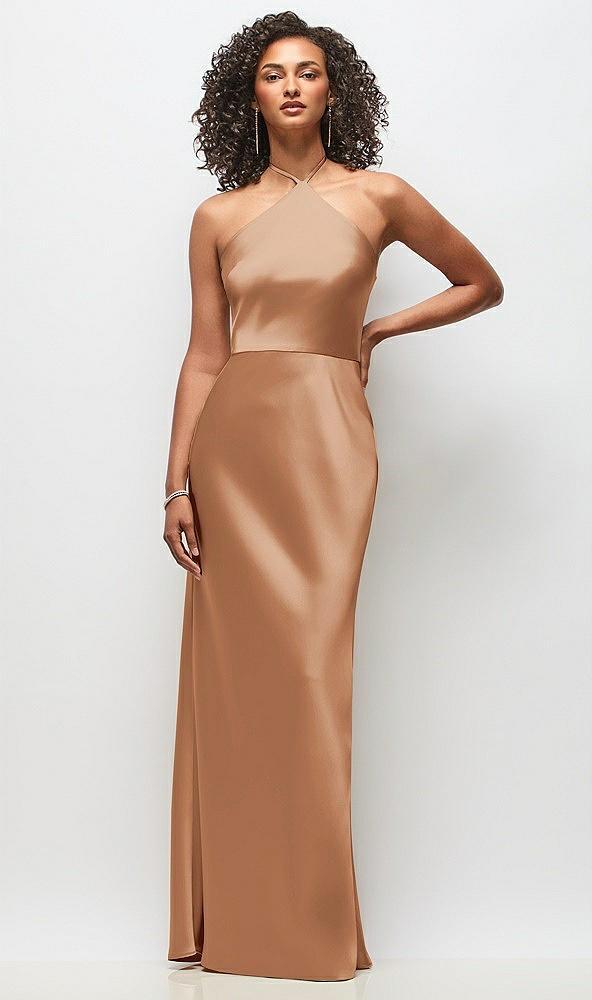 high-neck halter stretch satin maxi dress with bias a-line skirt