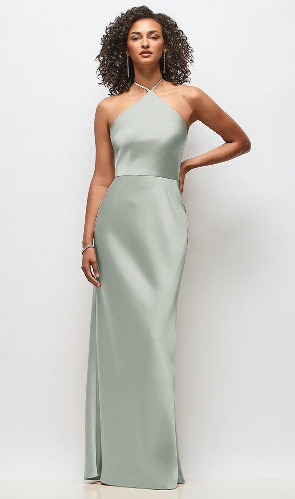 high-neck halter stretch satin maxi dress with bias a-line skirt