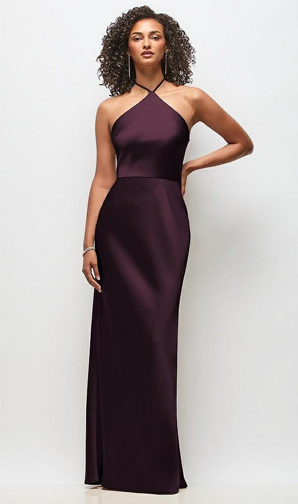 high-neck halter stretch satin maxi dress with bias a-line skirt