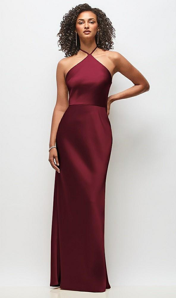 high-neck halter stretch satin maxi dress with bias a-line skirt