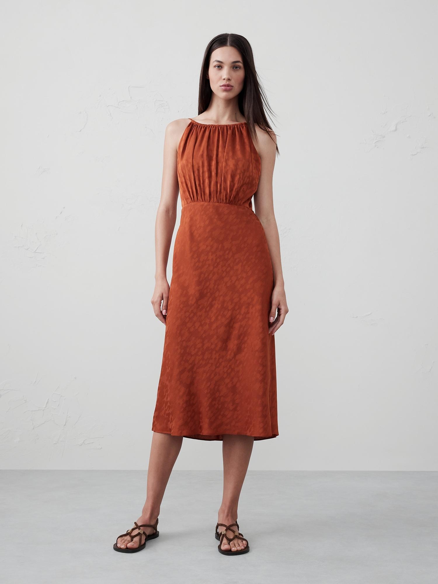 high-neck jacquard midi dress