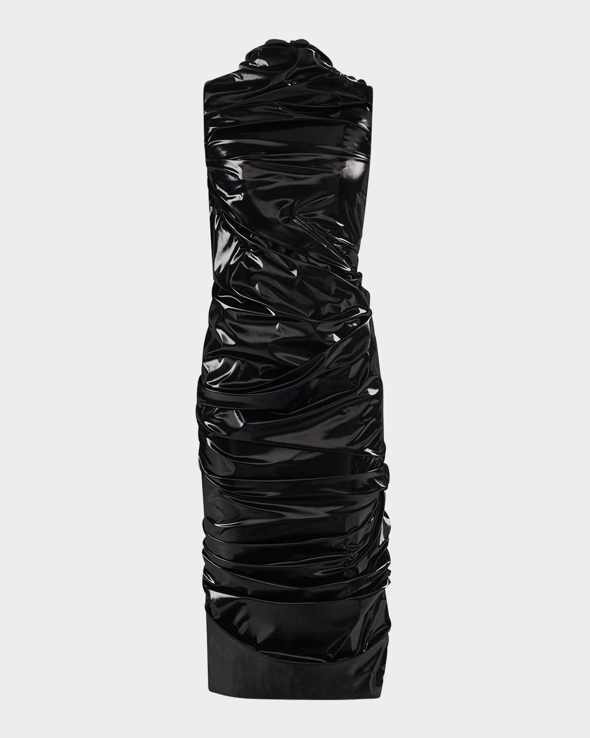 high-neck laminated jersey wrap dress