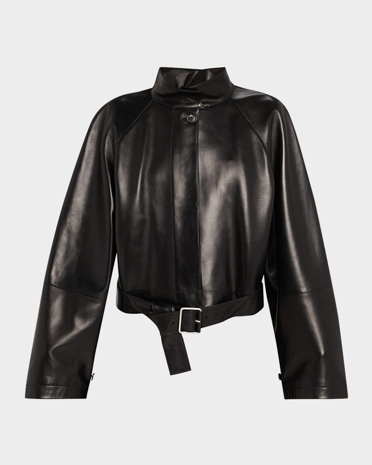 high-neck leather belted crop trench jacket