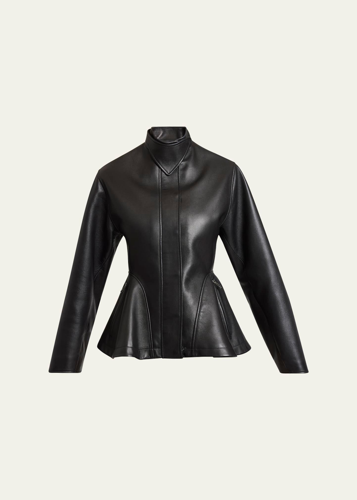 high-neck leather peplum jacket