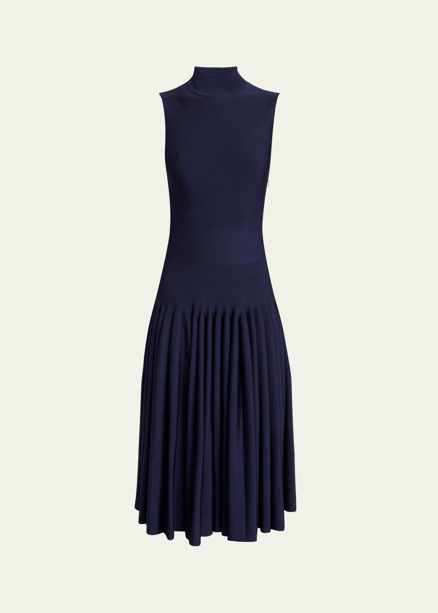 high-neck pleated knit midi dress