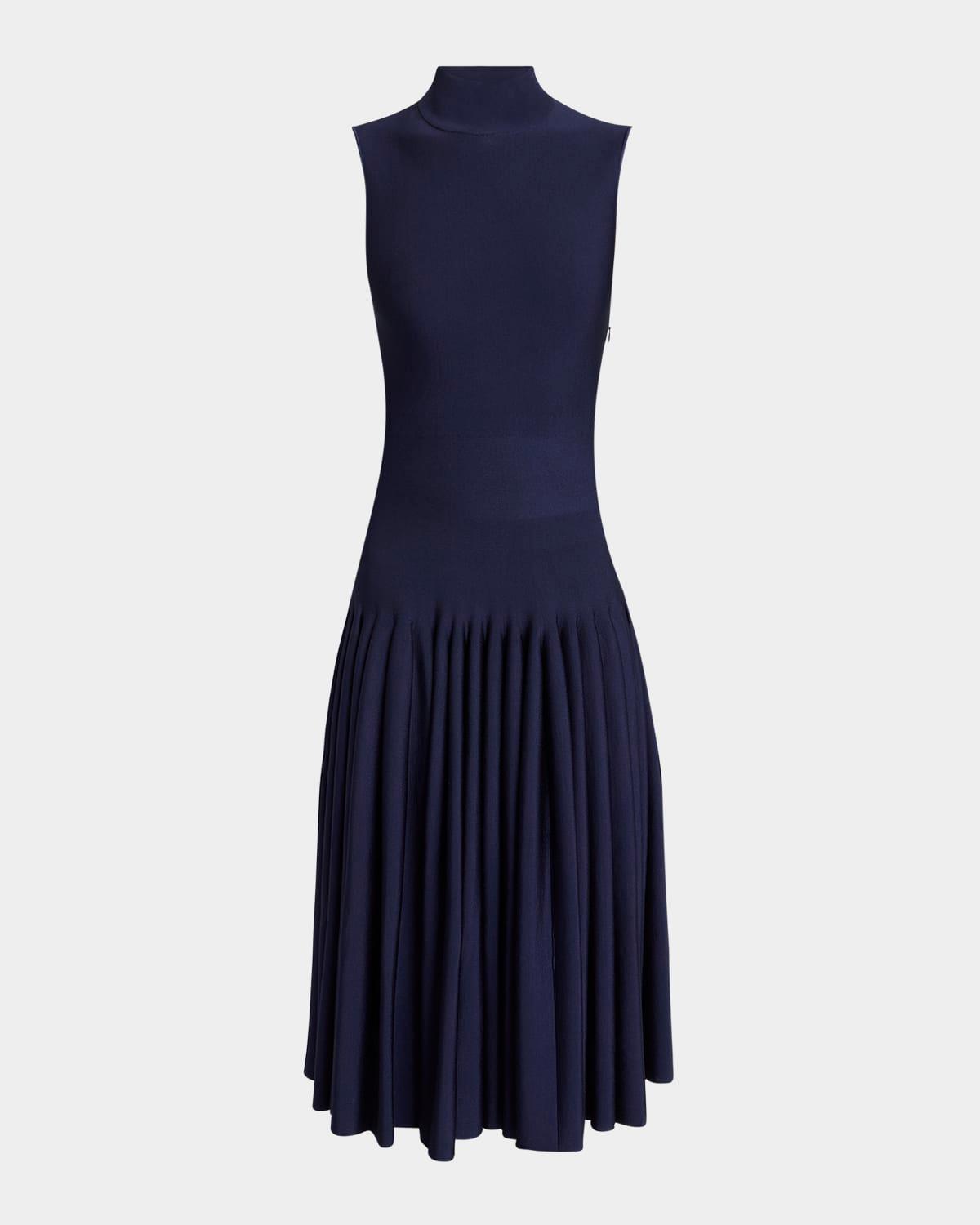 high-neck pleated knit midi dress