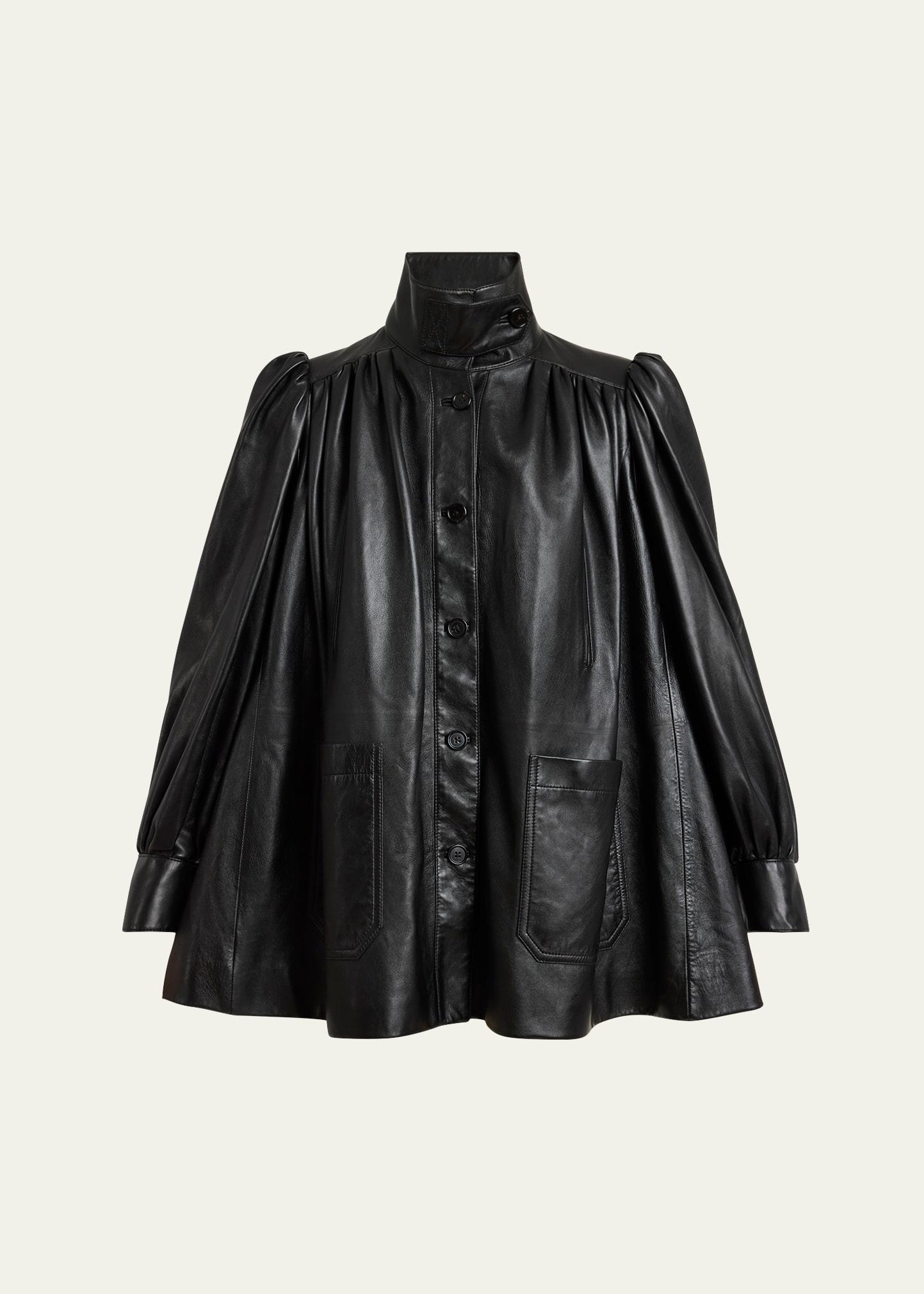 high-neck puff sleeve leather jacket