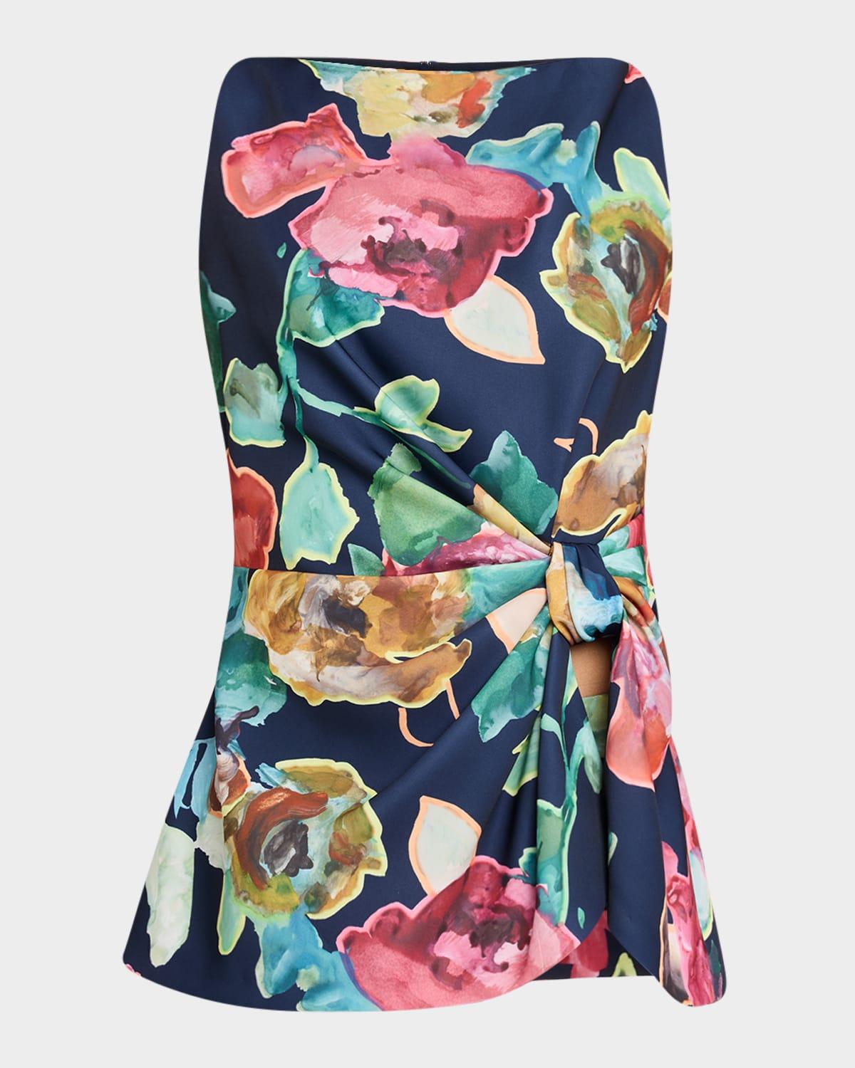 high-neck ruched printed crepe top