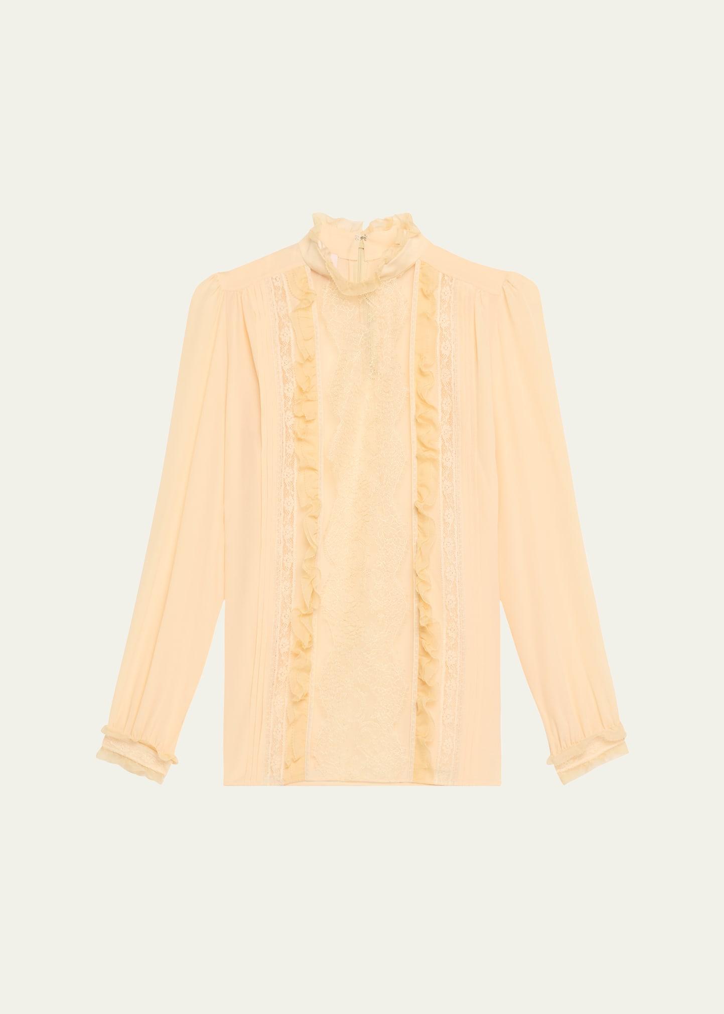 high-neck ruffle lace-bib silk blouse