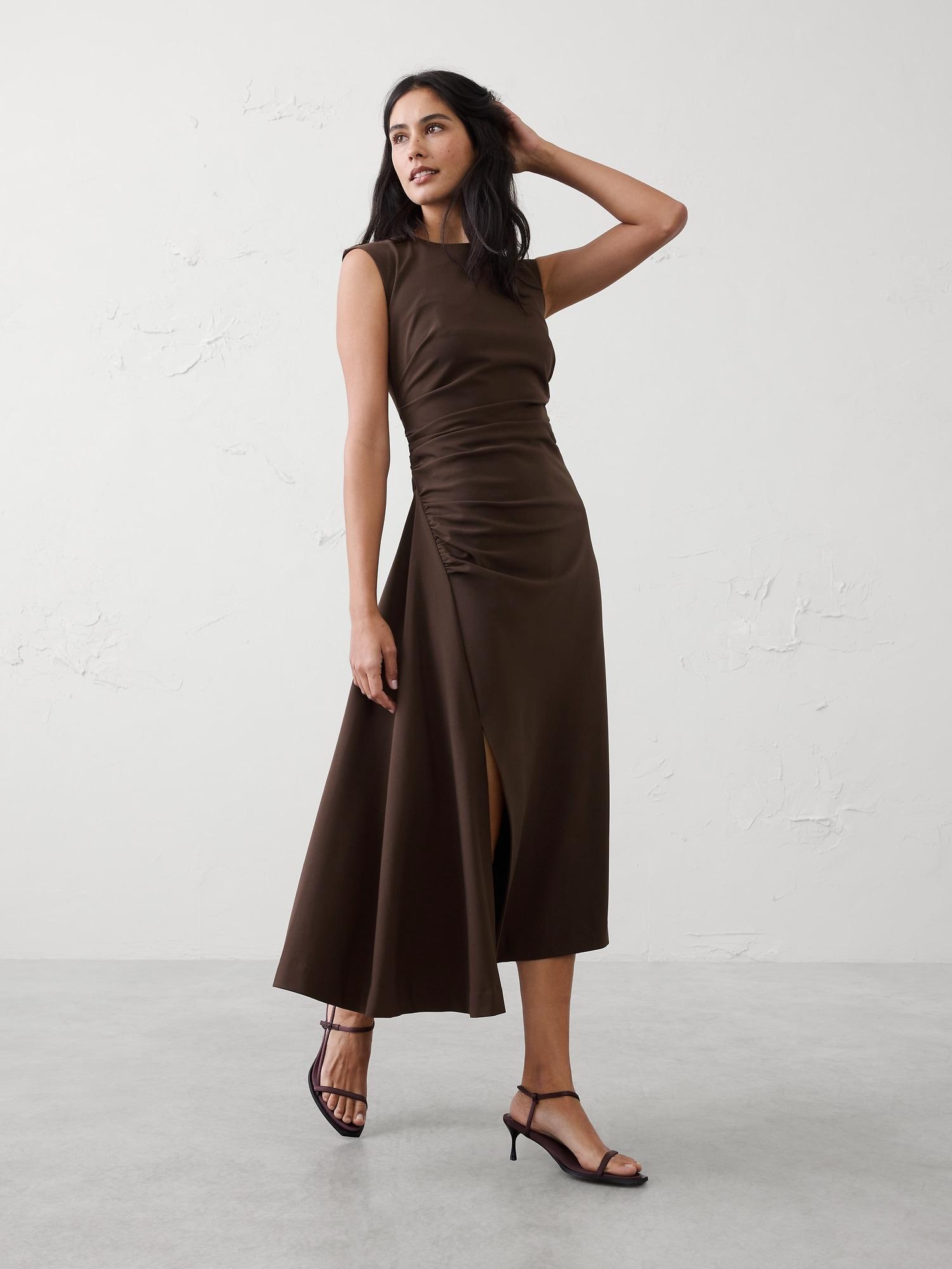 high-neck shirred midi dress