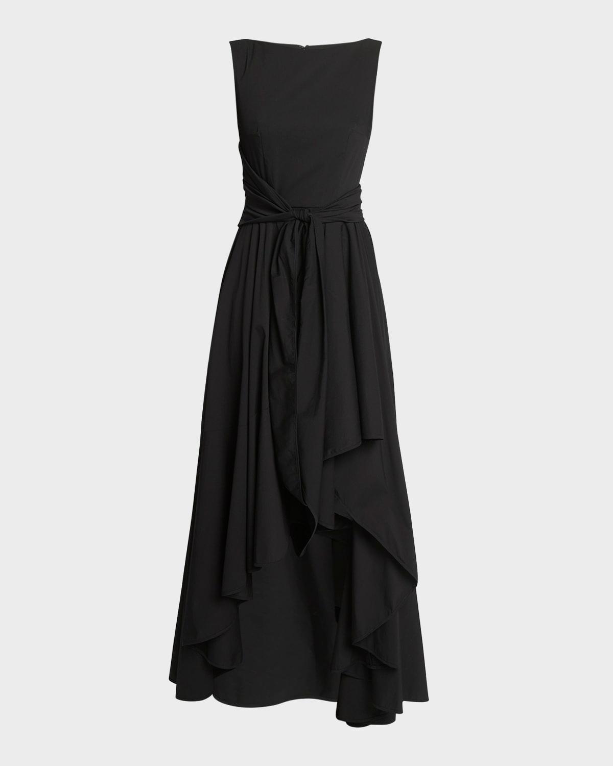 high-neck sleeveless waist-tie high-low dress