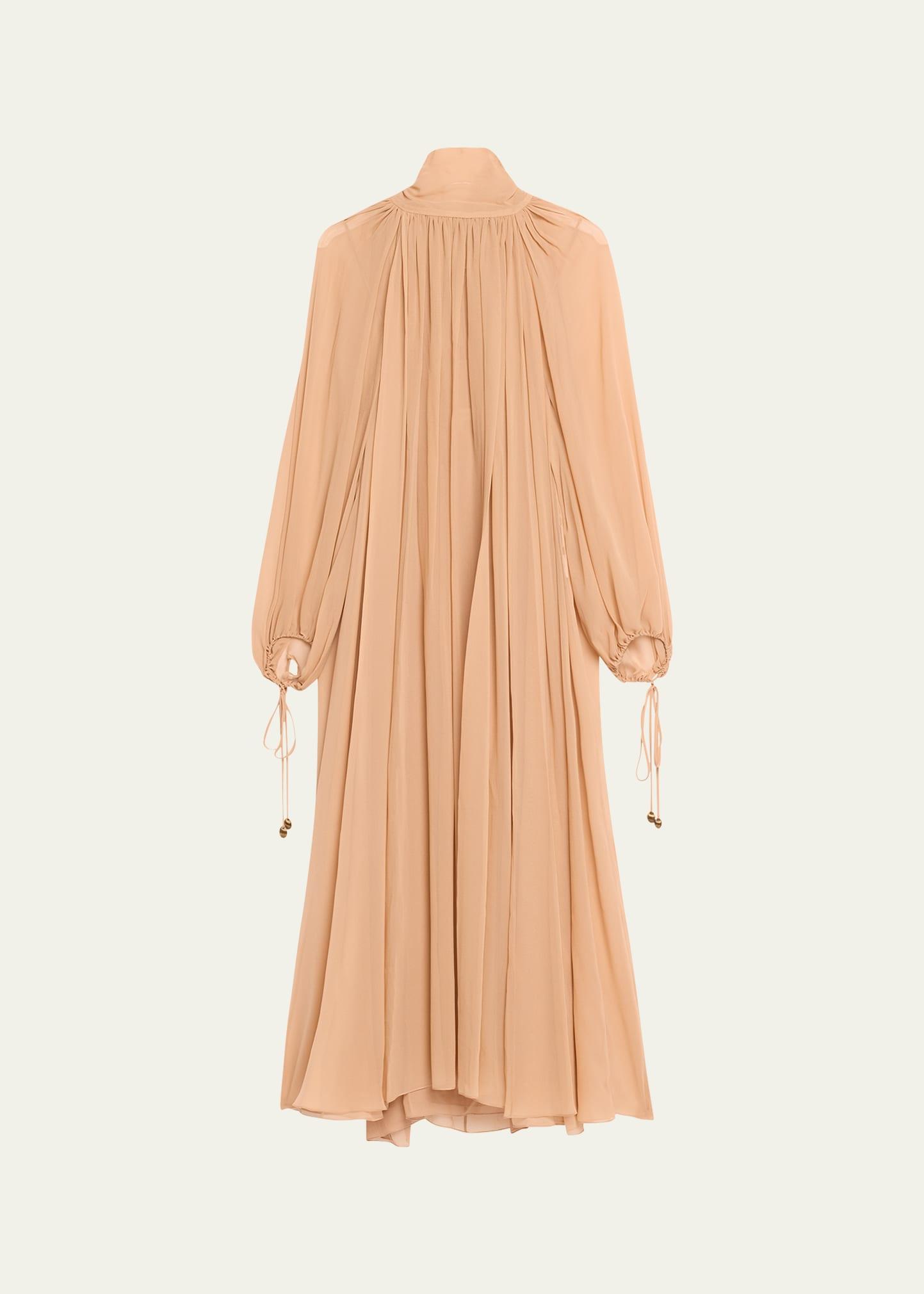 high-neck tie long-sleeve silk gown