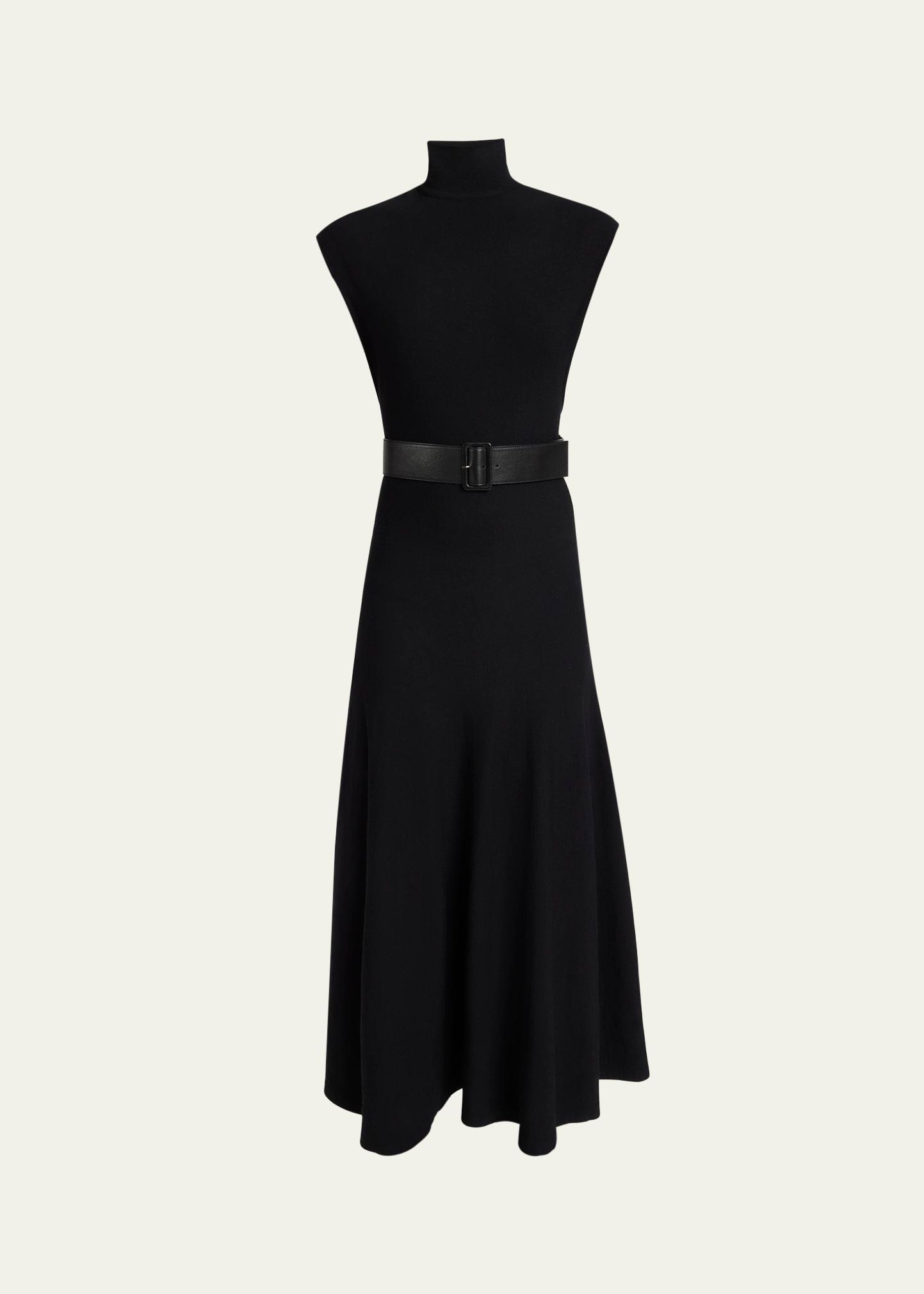 high-neck wool belted dress