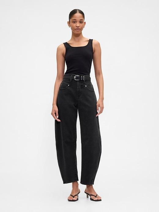 high rise barrel jeans