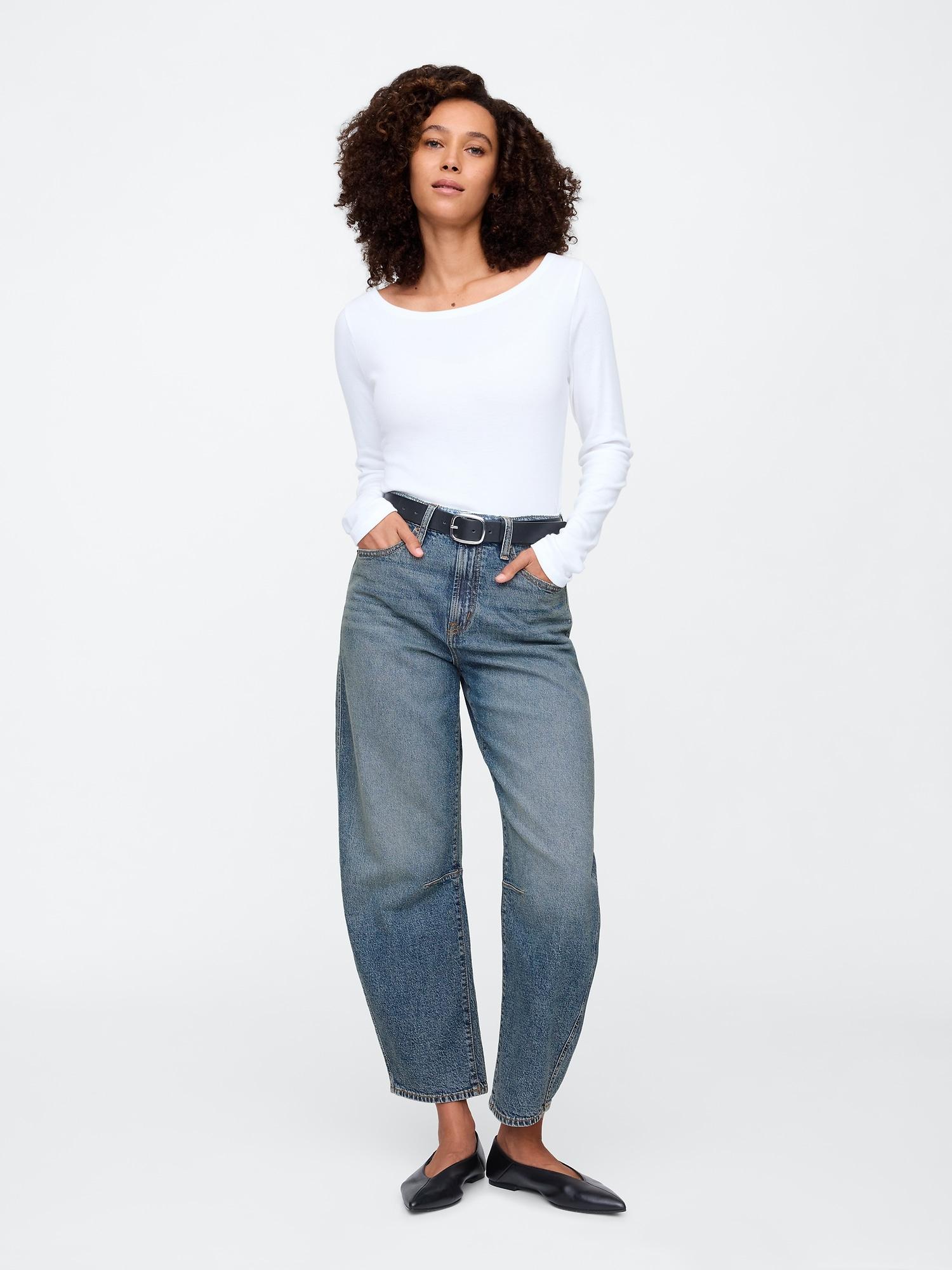 high rise barrel jeans