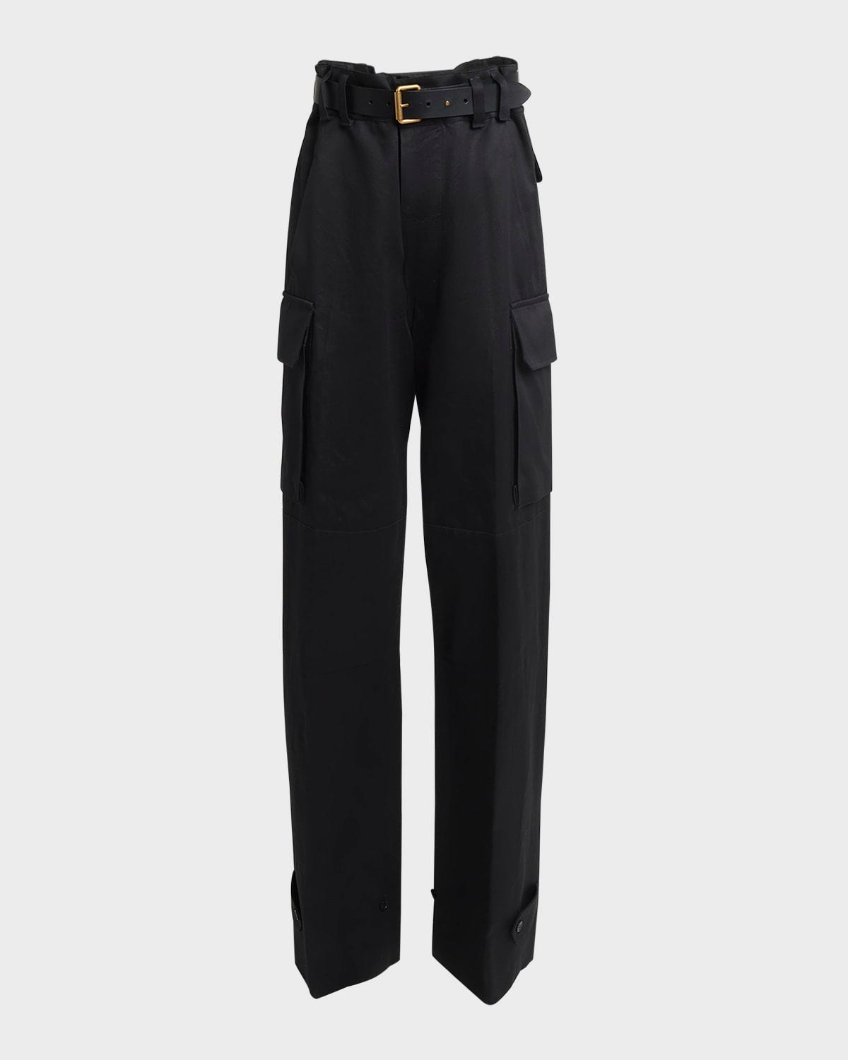 high-rise belted straight-leg satin cargo pants