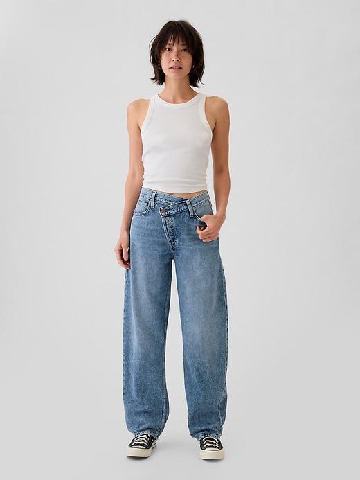 high rise crossover barrel jeans