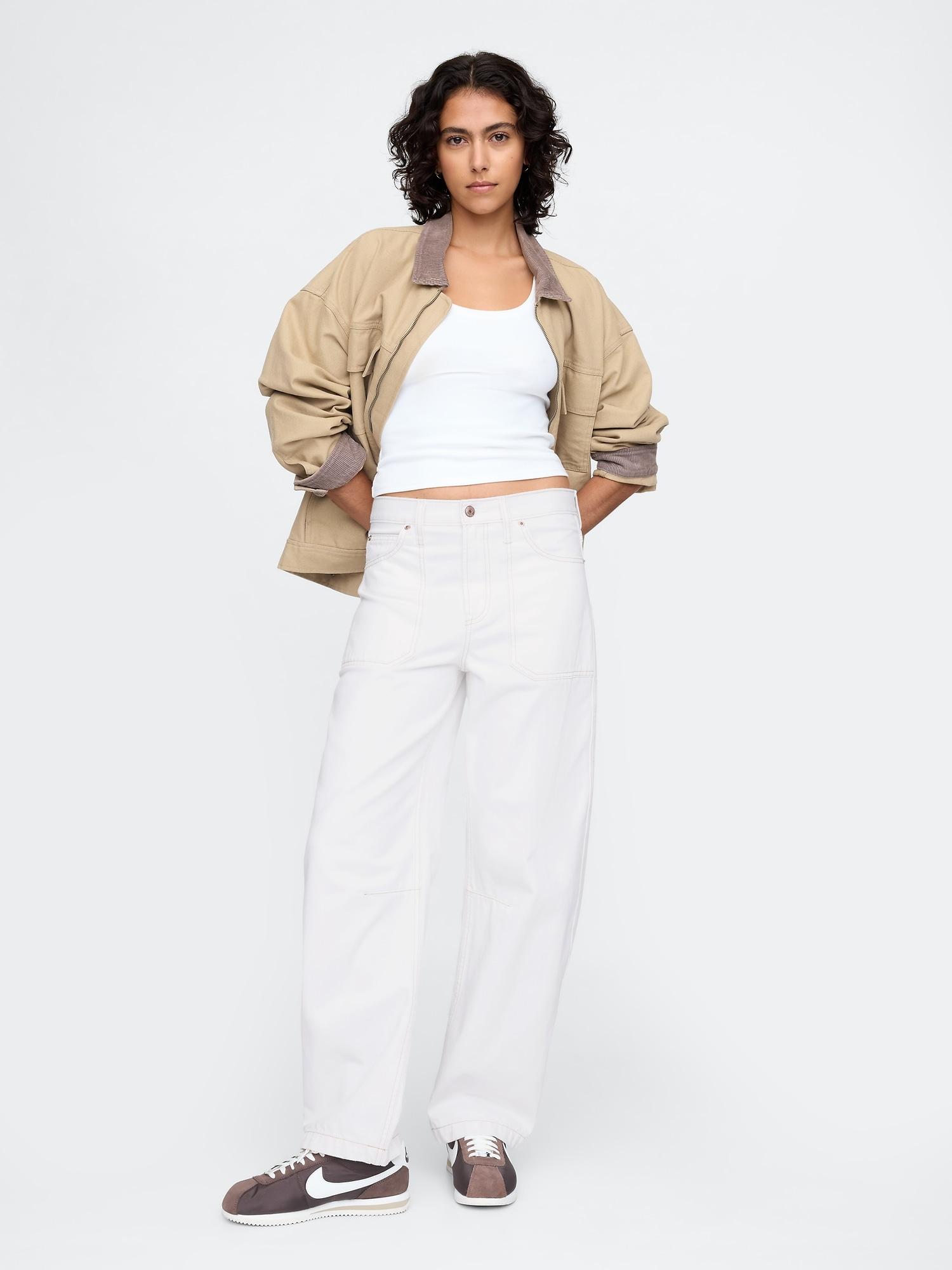 high rise crossover barrel jeans