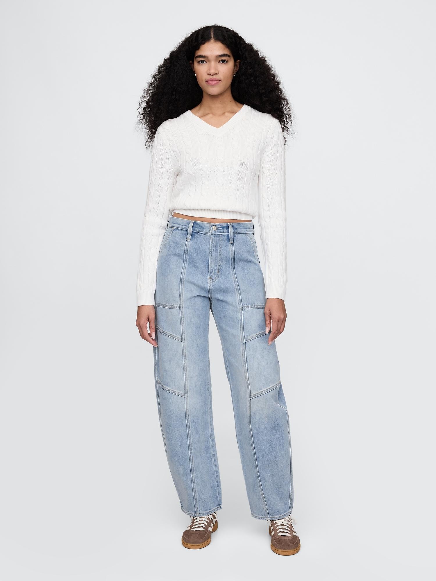 high rise crossover barrel jeans