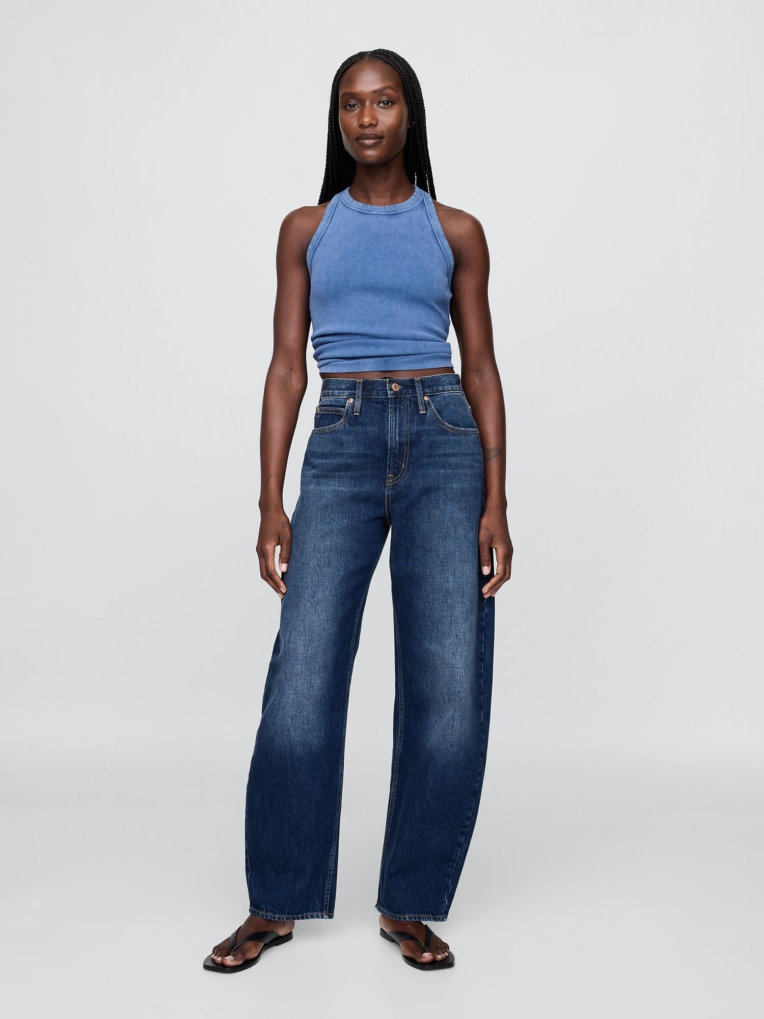 high rise crossover barrel jeans