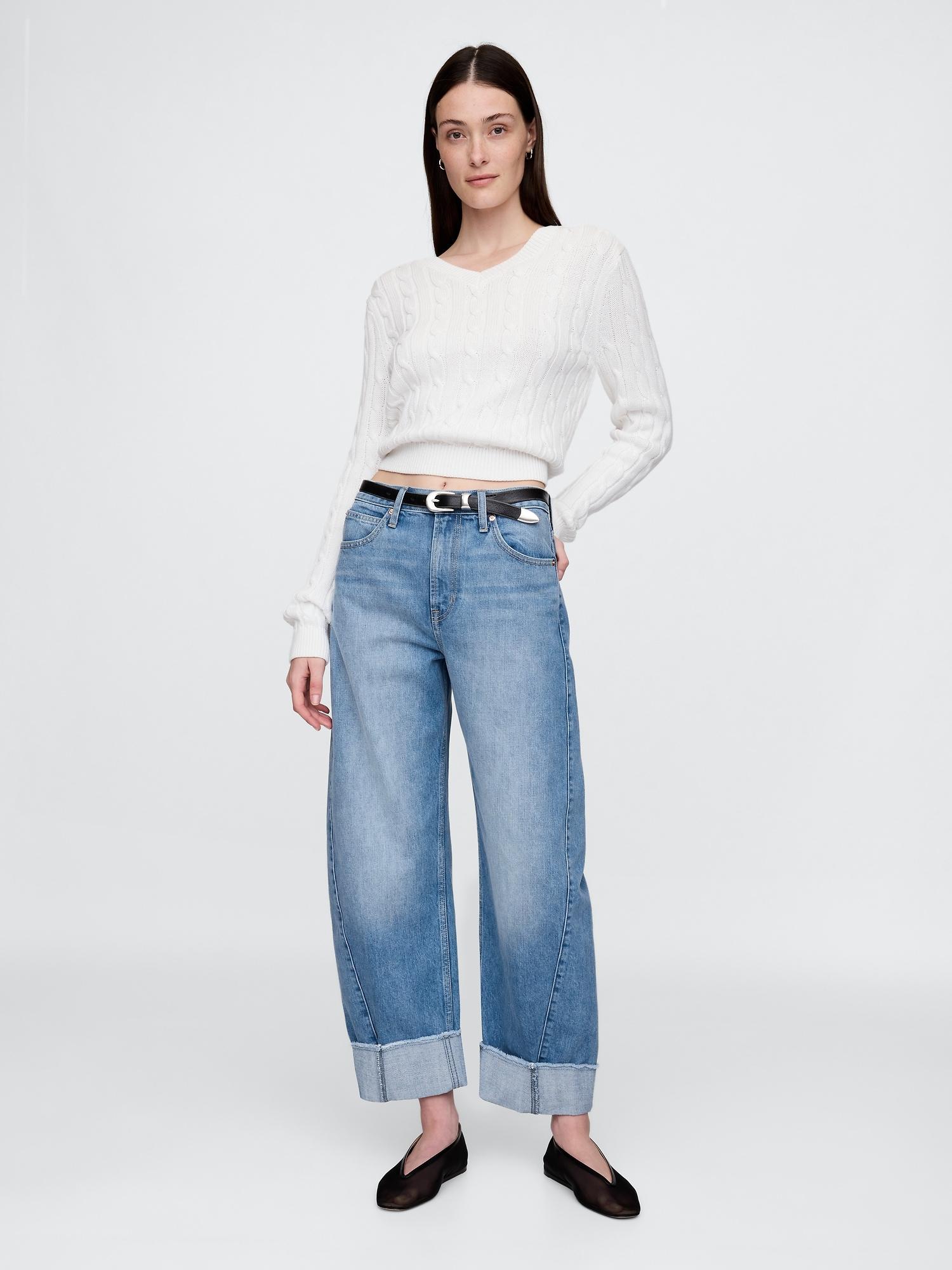 high rise crossover barrel jeans