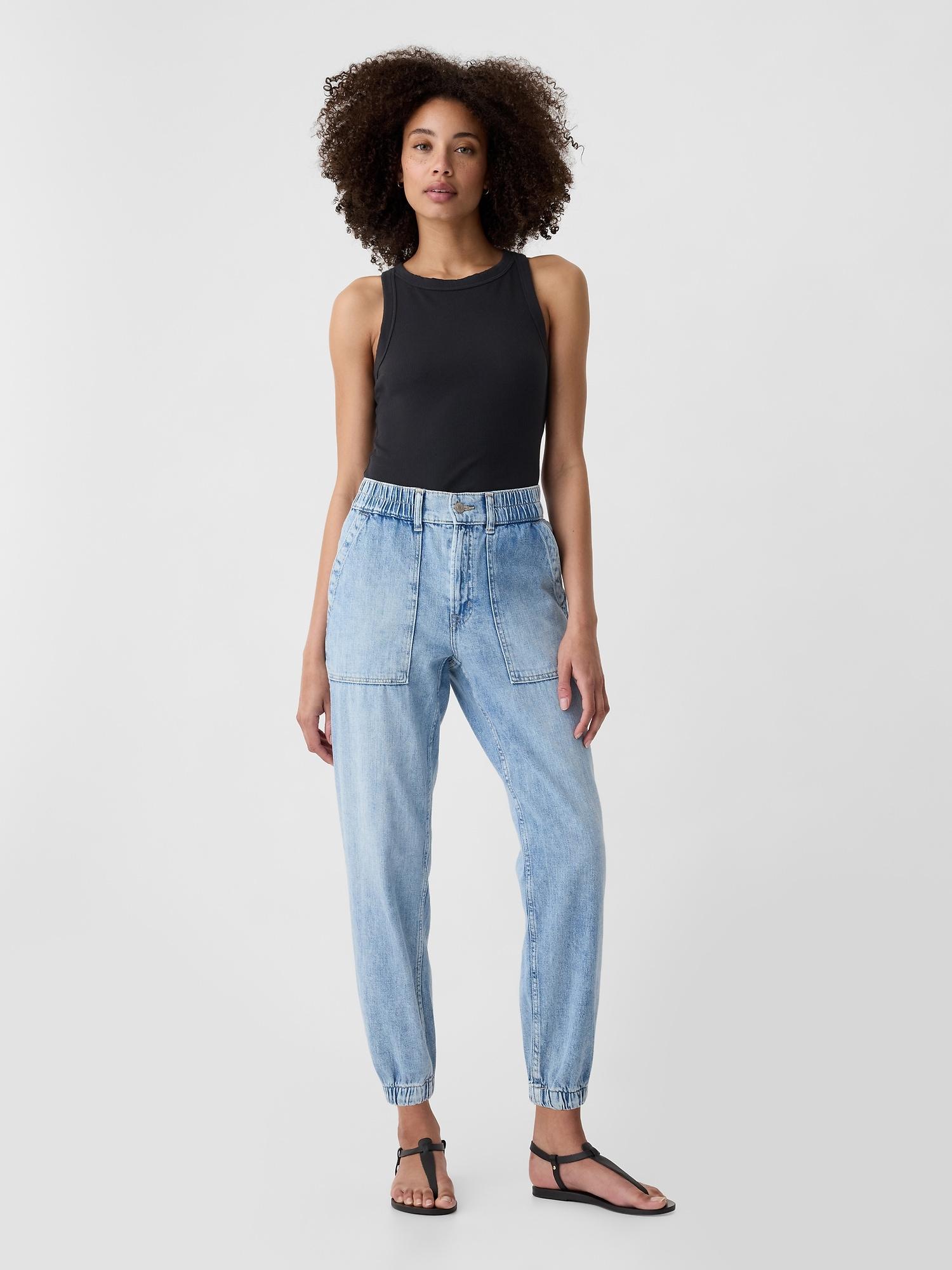 high rise denim girlfriend utility joggers