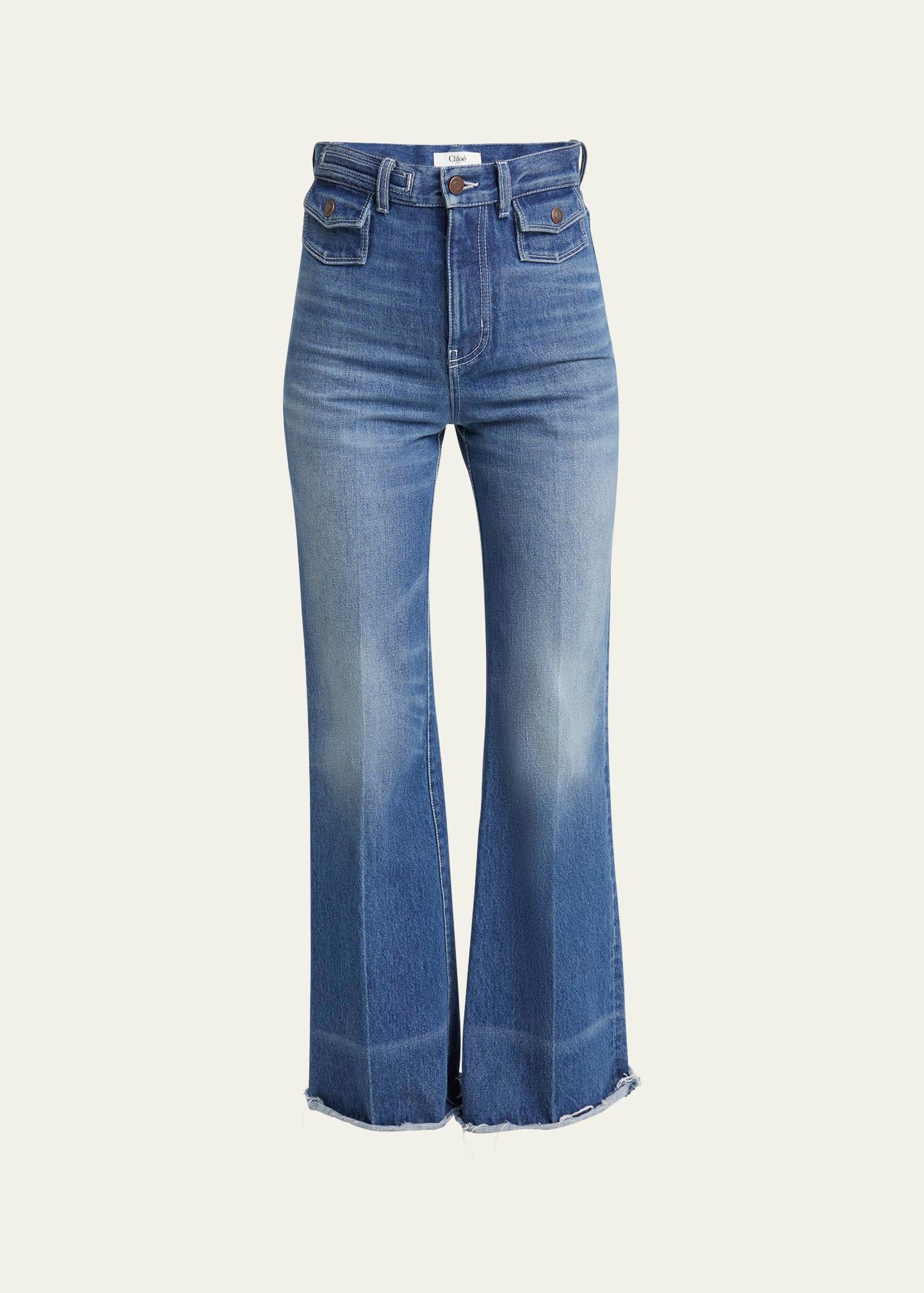 high-rise flare raw-hem jeans
