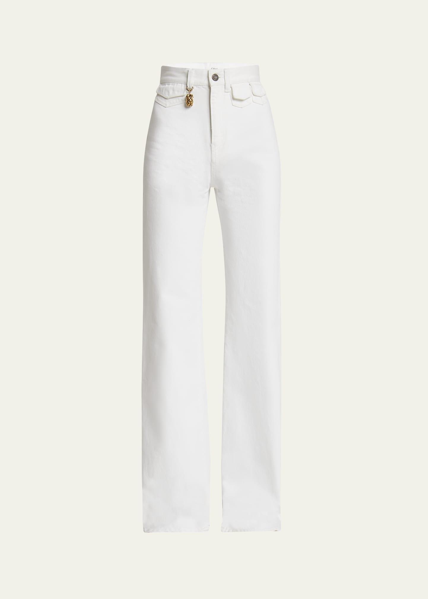 high rise flared jeans, white