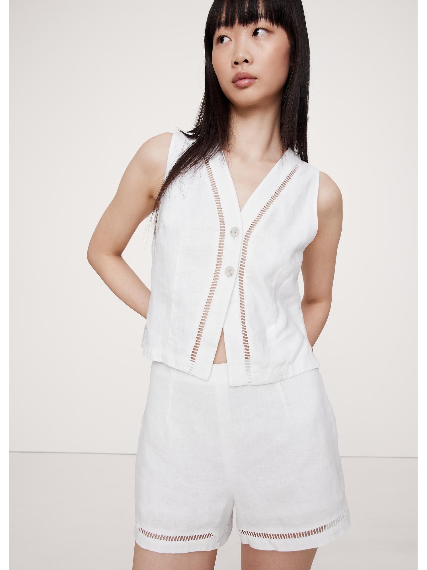 high-rise lace-trim linen 3" short