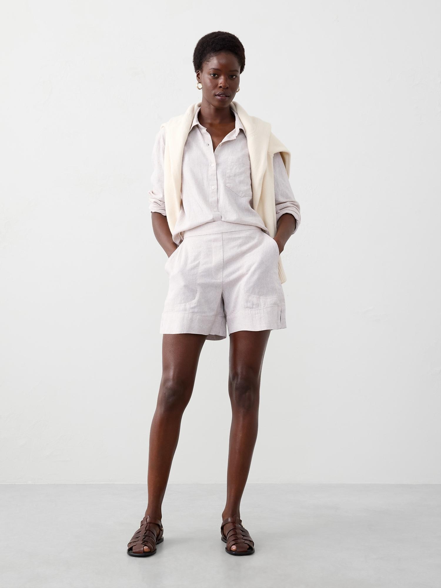 high-rise linen-blend pull-on short