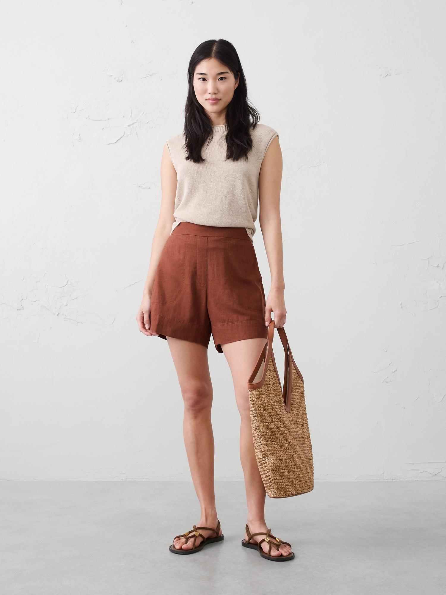 high-rise linen-blend pull-on short