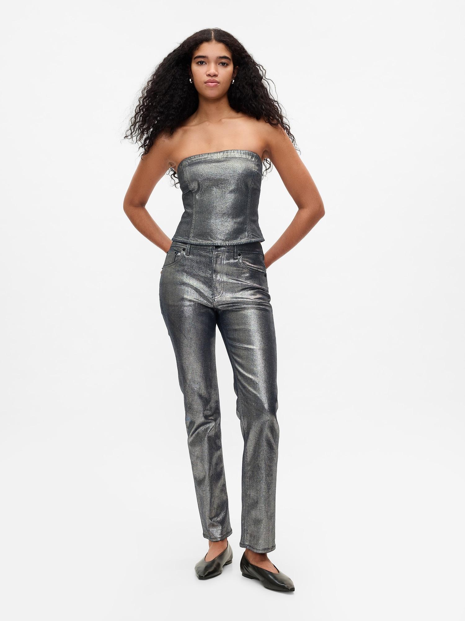 high rise metallic '90s straight jeans