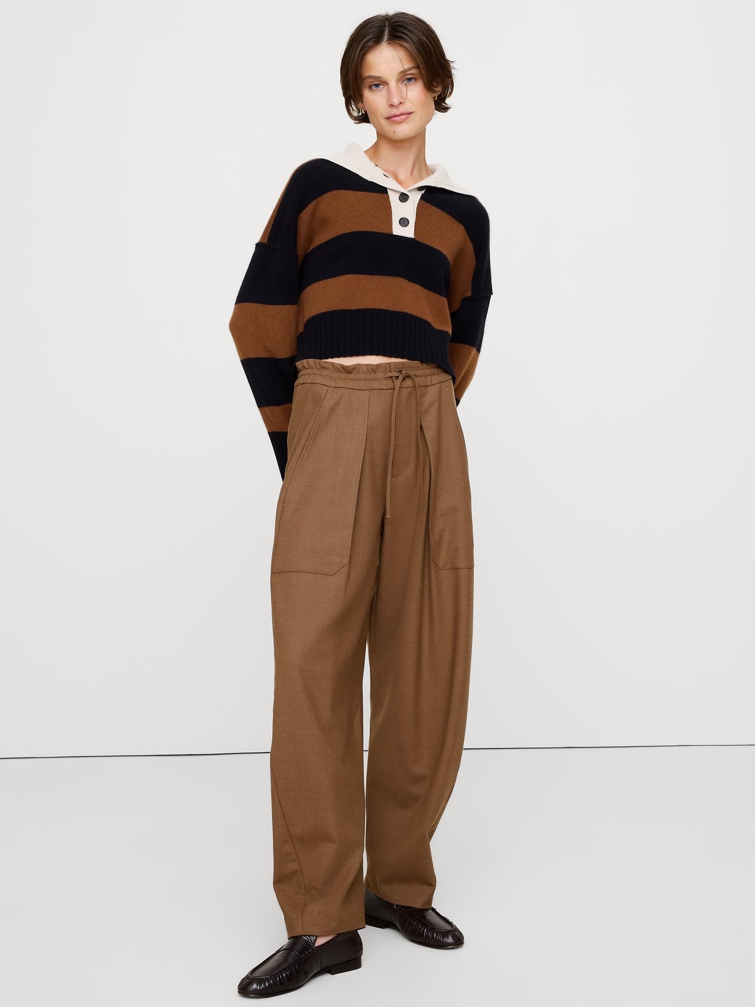 high-rise pleated barrel flannel pull-on pant