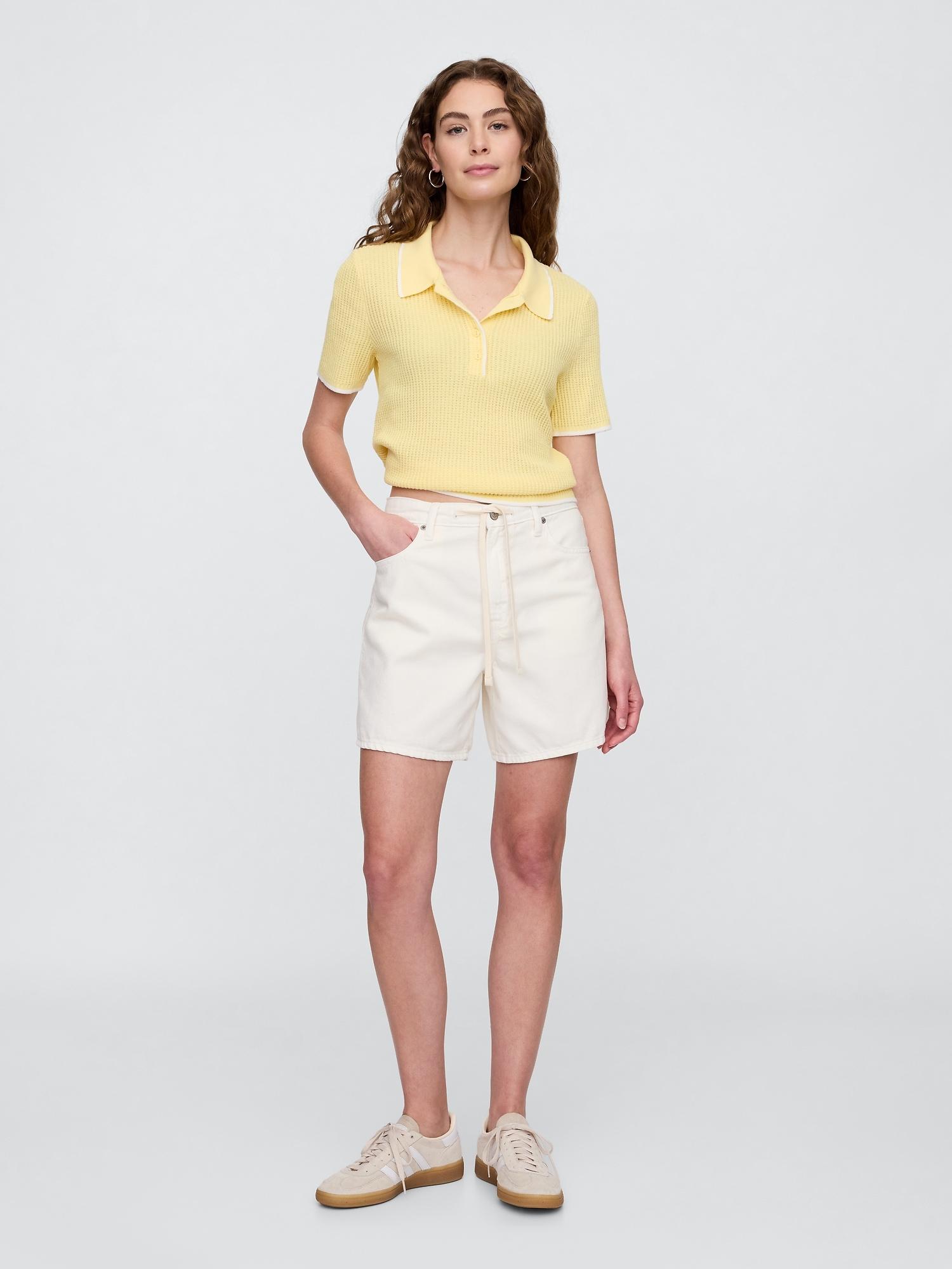 high rise soft pull-on midi denim shorts