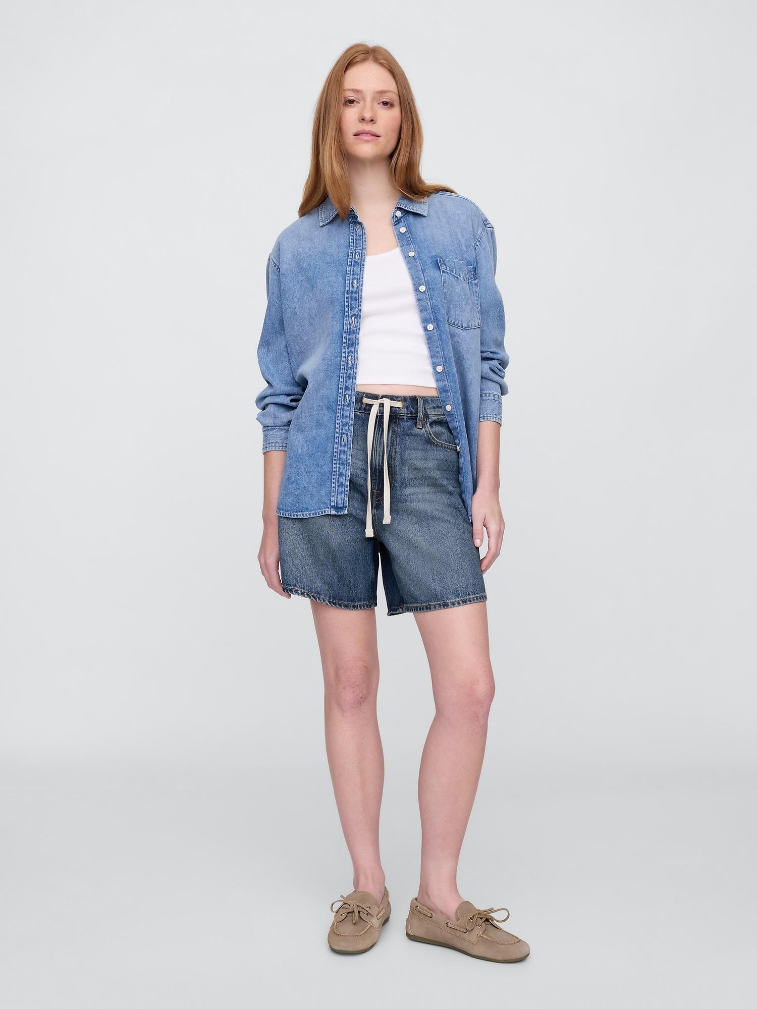 high rise soft pull-on midi denim shorts