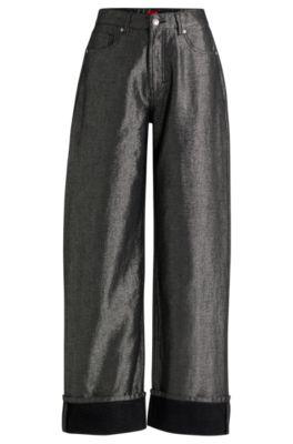 high-rise straight metallic jeans with turn-up cuffs- silver women's jeans