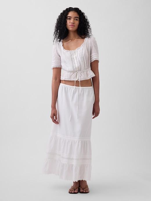 high rise tiered lace-trim maxi skirt