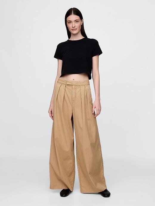 high rise twill pleated wide-leg khakis