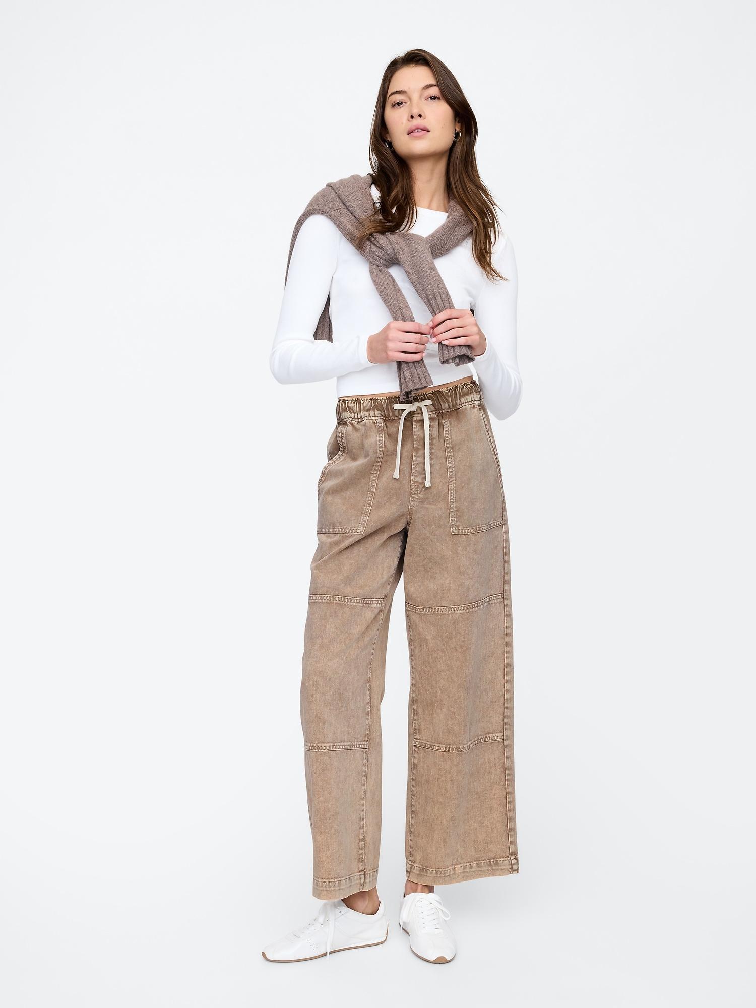 high rise wide-leg cargo pull-on jeans