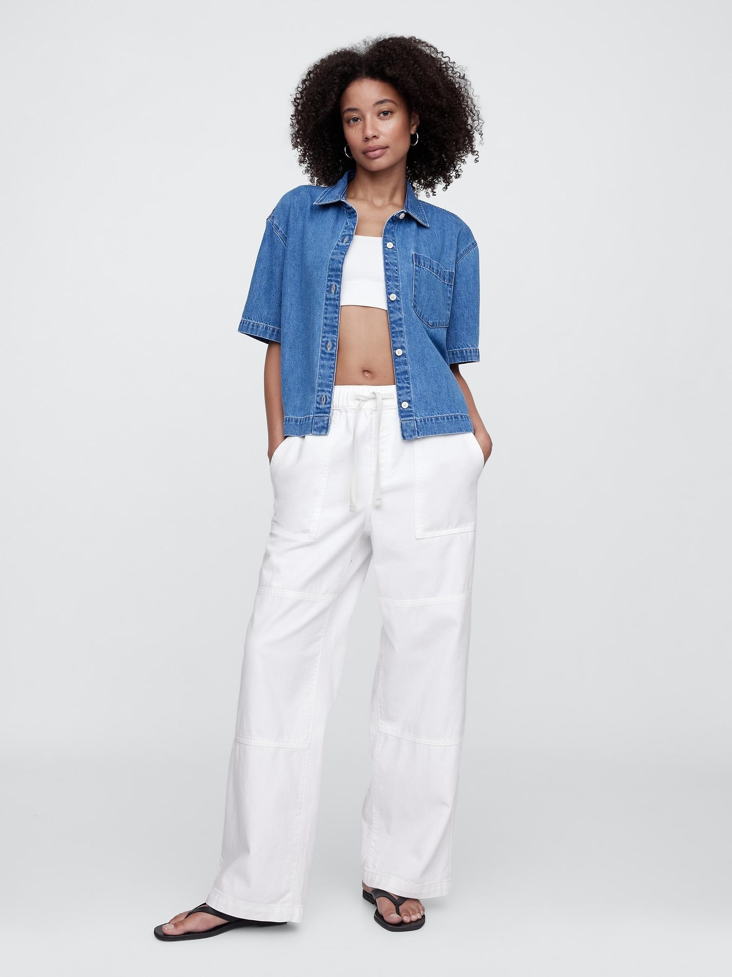 high rise wide-leg cargo pull-on jeans