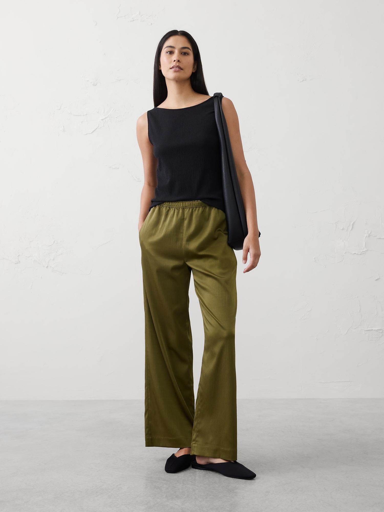 high-rise wide-leg crinkle satin pull-on pant