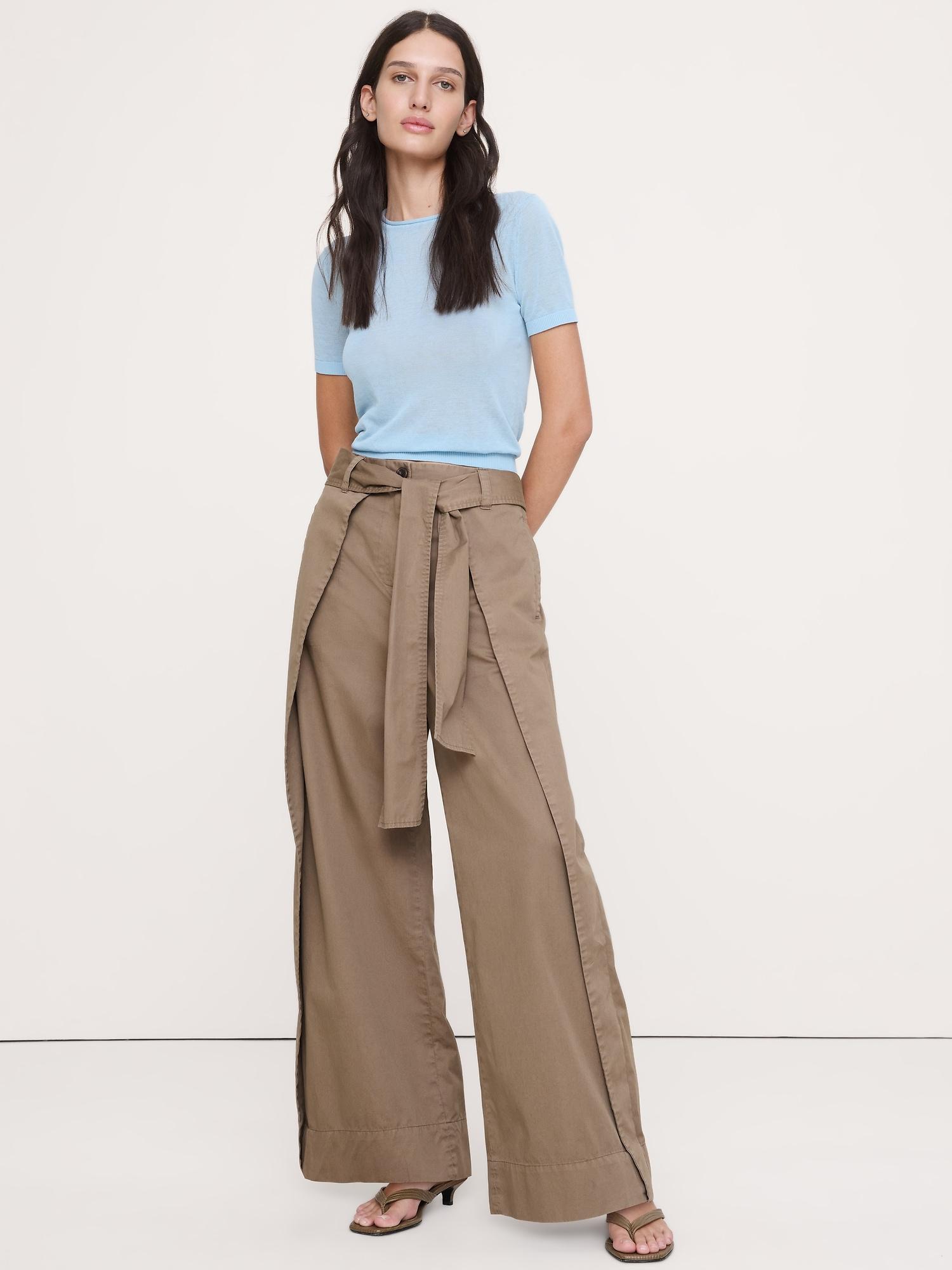 high-rise wide-leg wrap-front chino