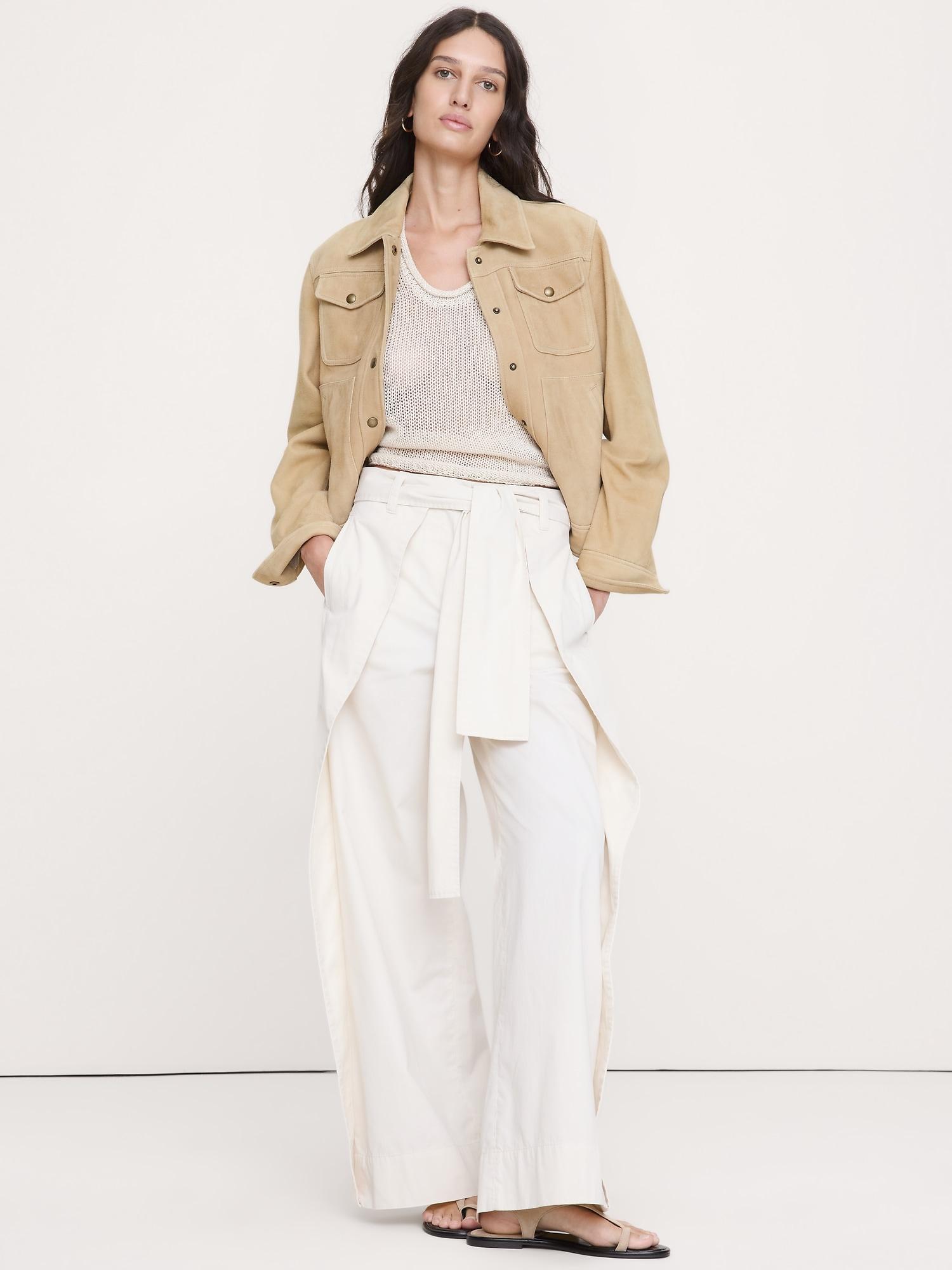 high-rise wide-leg wrap-front chino