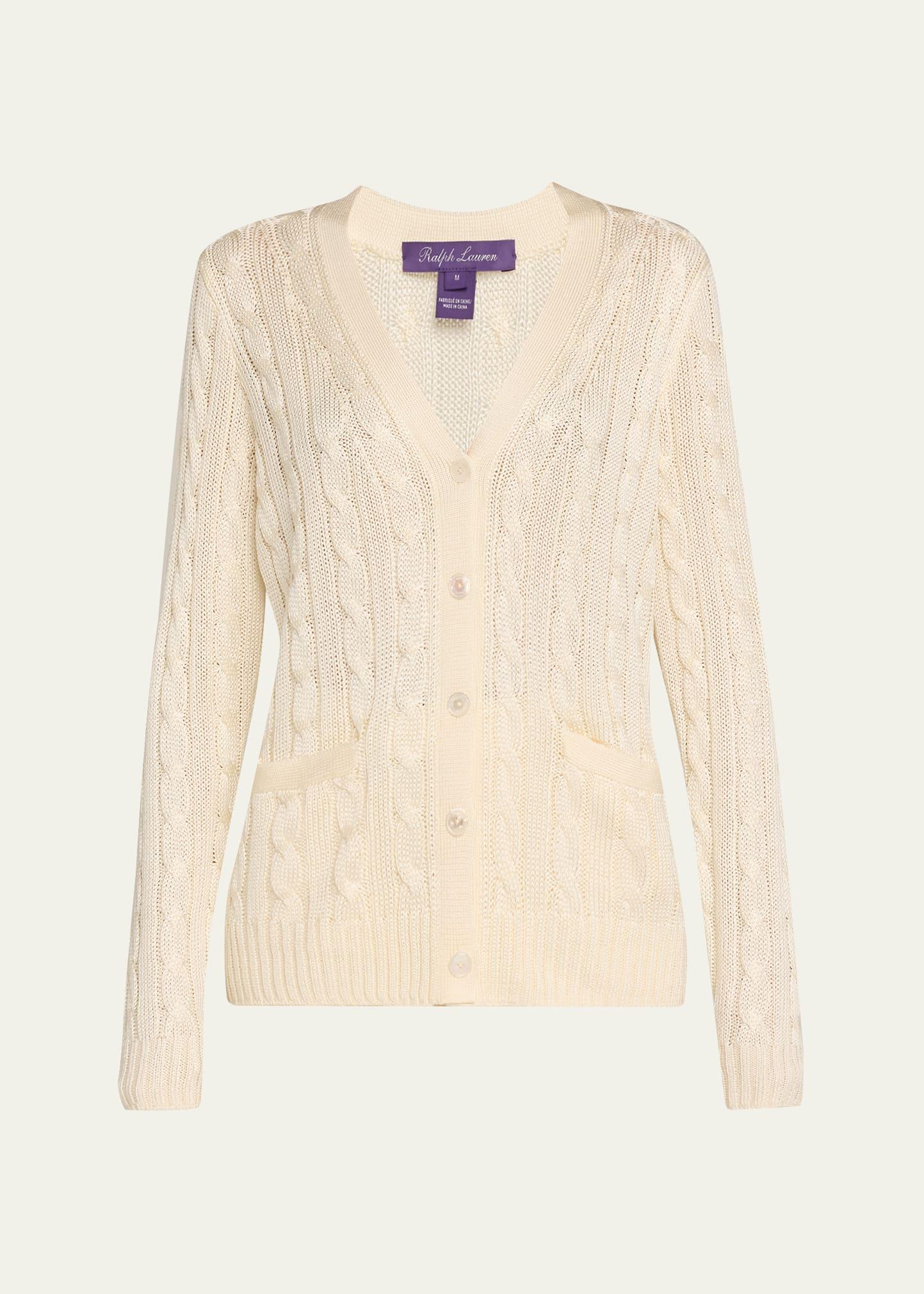 high shine cable-knit cashmere cardigan sweater, cream