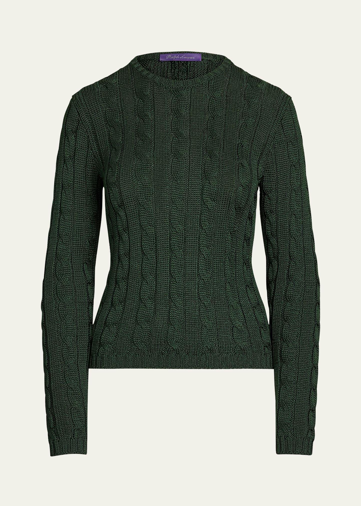 high shine cable knit crewneck sweater