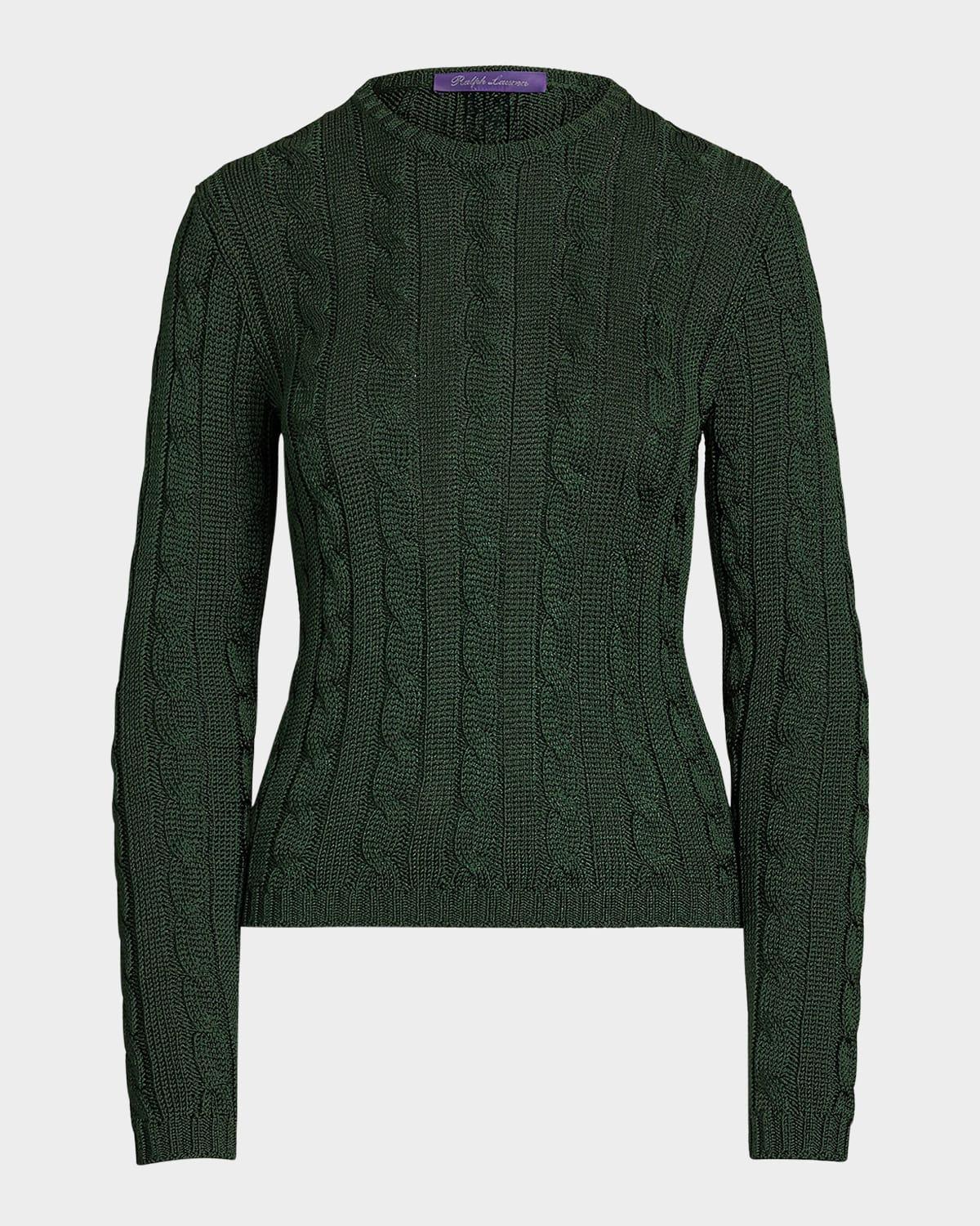 high shine cable knit crewneck sweater