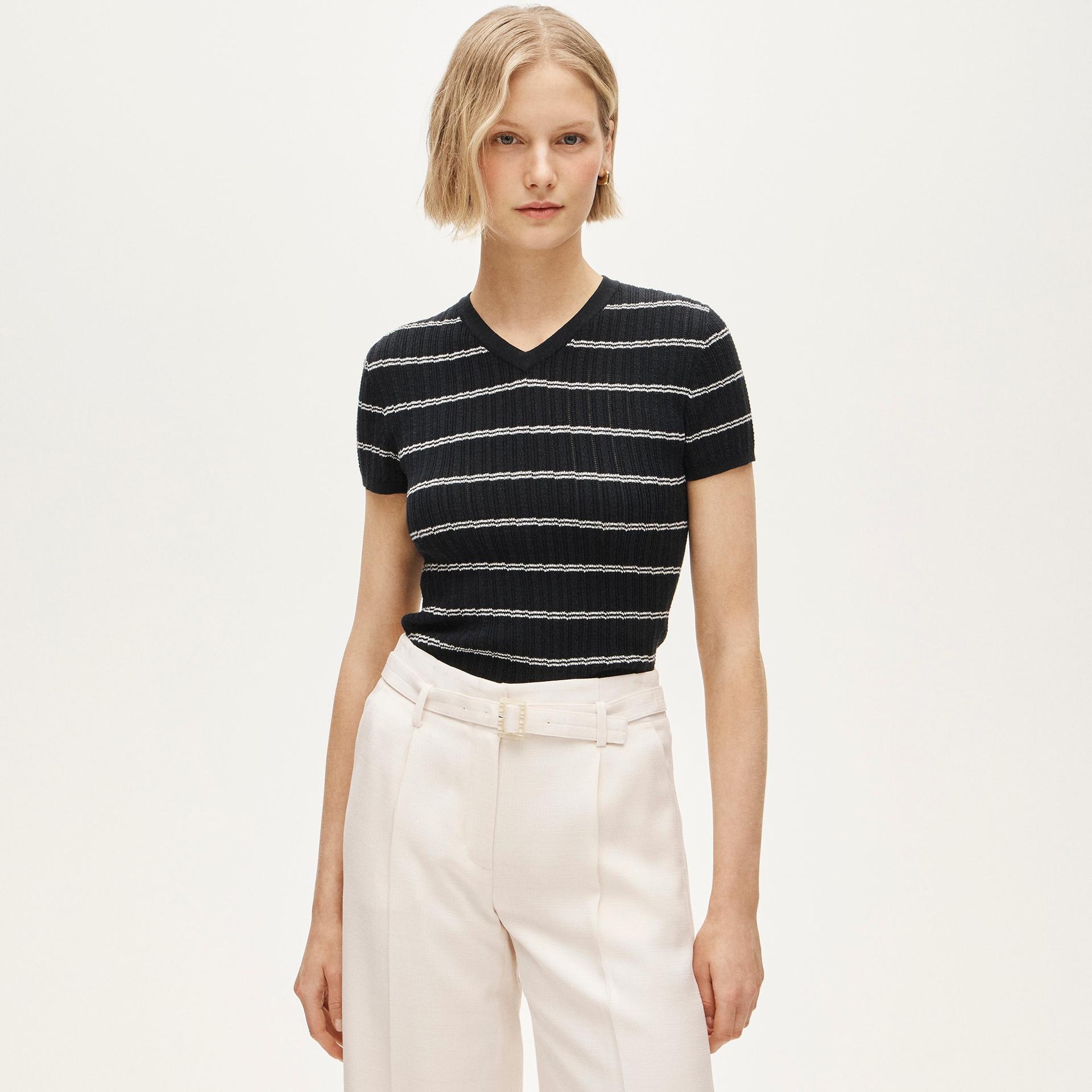 high v-neck ribbed pointelle sweater-tee in stripe